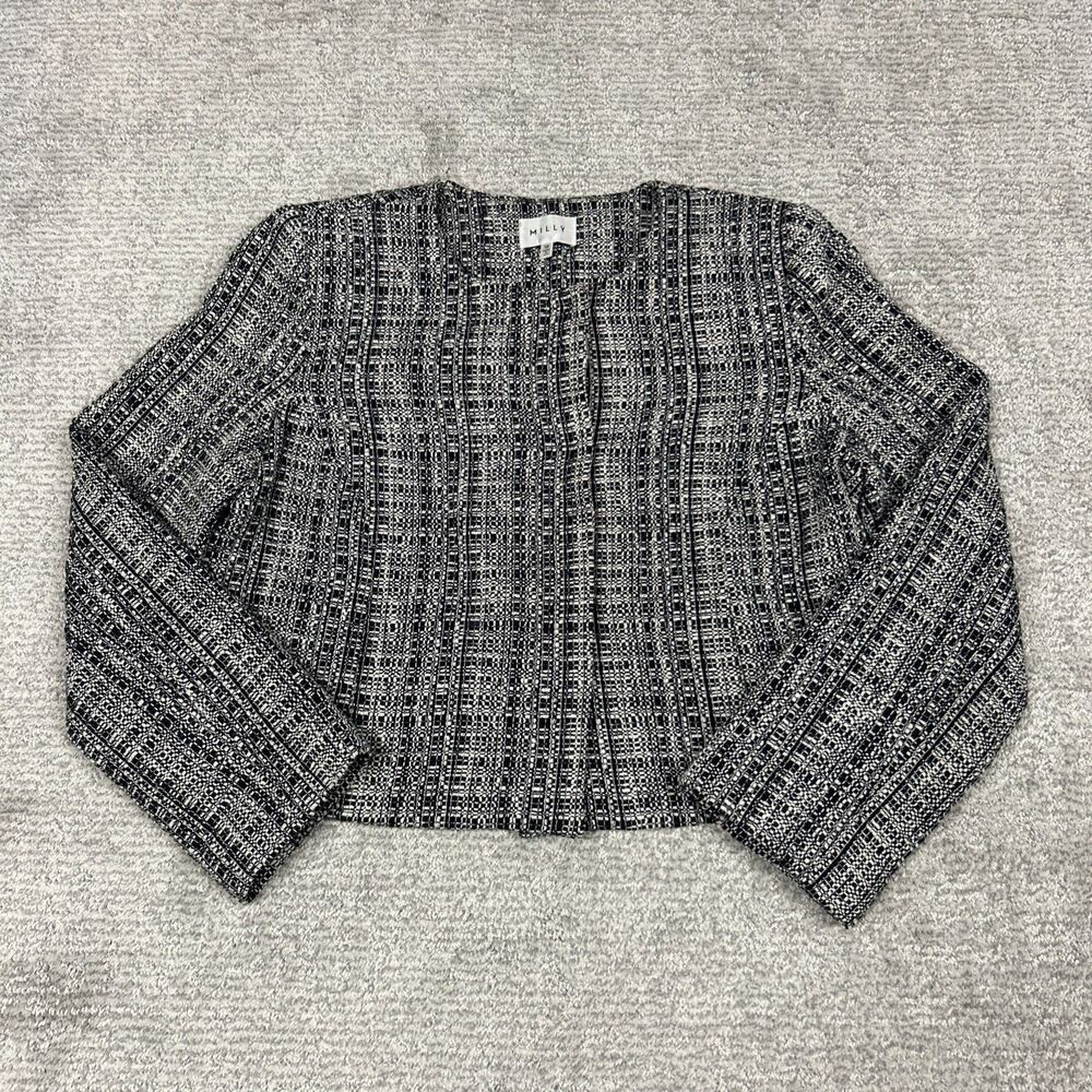 Milly Blazer Jacket Womens 10 Black Beige Textured Cropped Cotton Wool Career